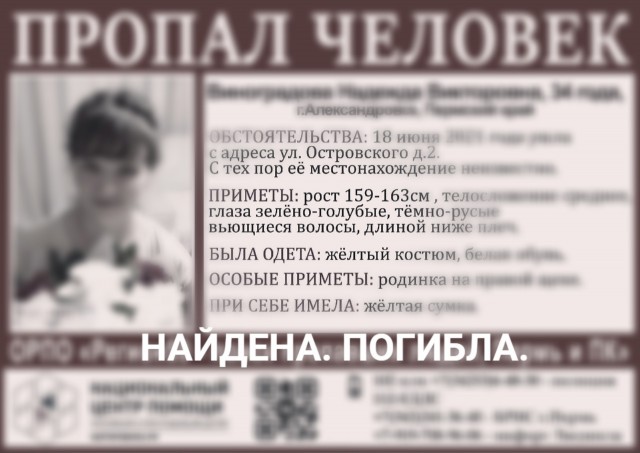 Пропавшую в июне мать двоих детей из Александровска нашли погибшей
